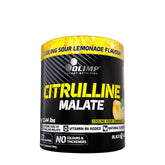 Olimp Citrulline Malate powder container with lemon flavor for pre-workout endurance and strength.